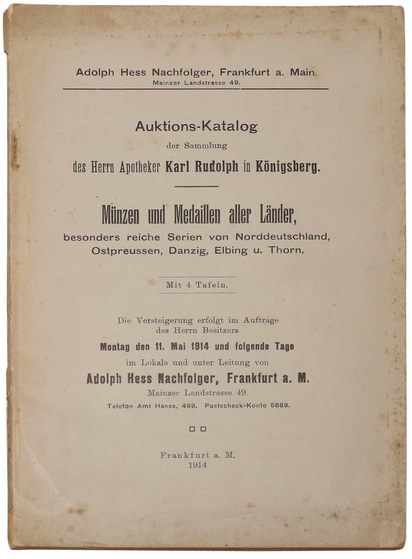Katalog aukcyjny Adolph Hess „Sammlung des Herrn Apotheker Karl Rudolph”, Frankfurt 1914 r.