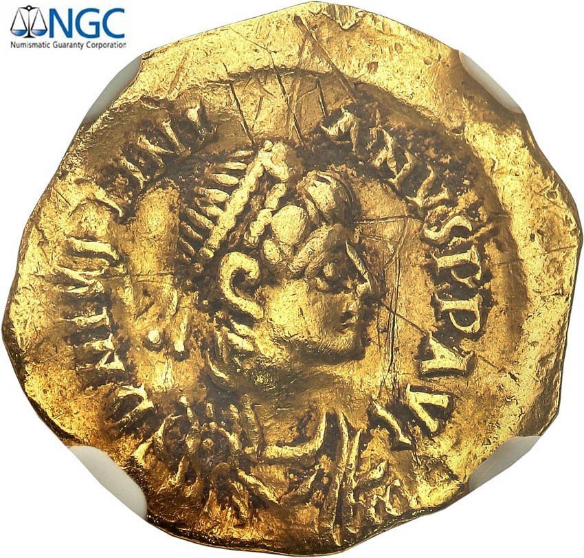 Bizancjum, Justinian I. 527-565 AV Tremissis NGC Ch VF, Konstantynopol.