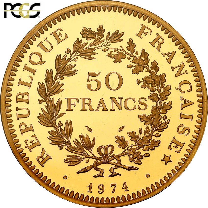 Francja. PIEFORT 50 franków 1974, stempel lustrzany, złoto PCGS SP67