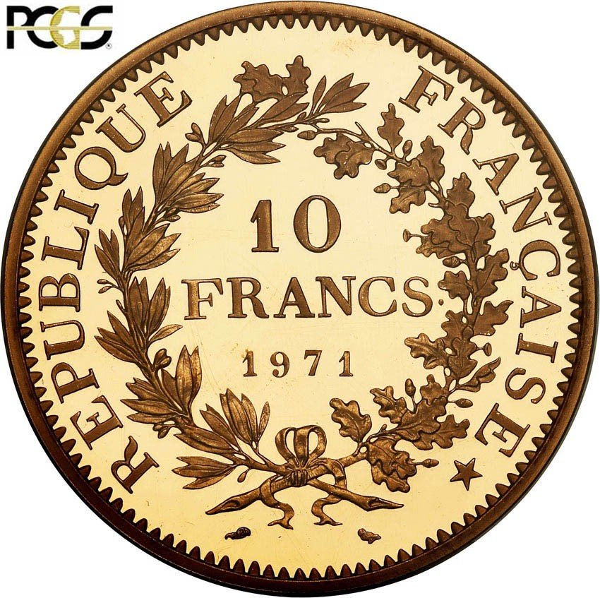Francja. PIEFORT 10 franków 1971, stempel lustrzany, złoto PCGS SP68