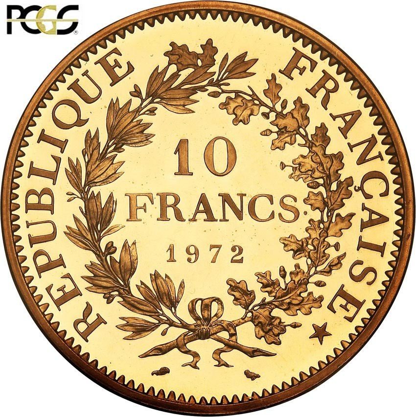 Francja. PIEFORT 10 franków 1972 stempel lustrzany PCGS SP69 (MAX)