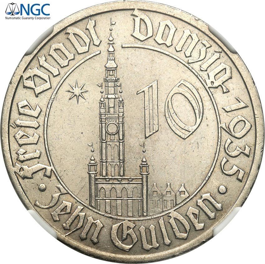 Wolne Miasto Gdańsk. 10 guldenów 1935 Ratusz NGC MS64