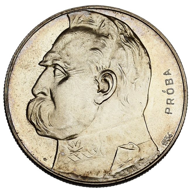 II RP. 10 złotych 1934, Piłsudski, orzeł strzelecki, PRÓBA, srebro, stempel lustrzany