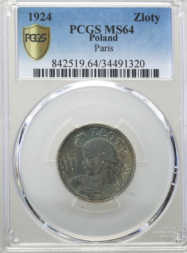 II RP. 1 złoty 1924 kobieta z kłosami PCGS MS64 (MAX)