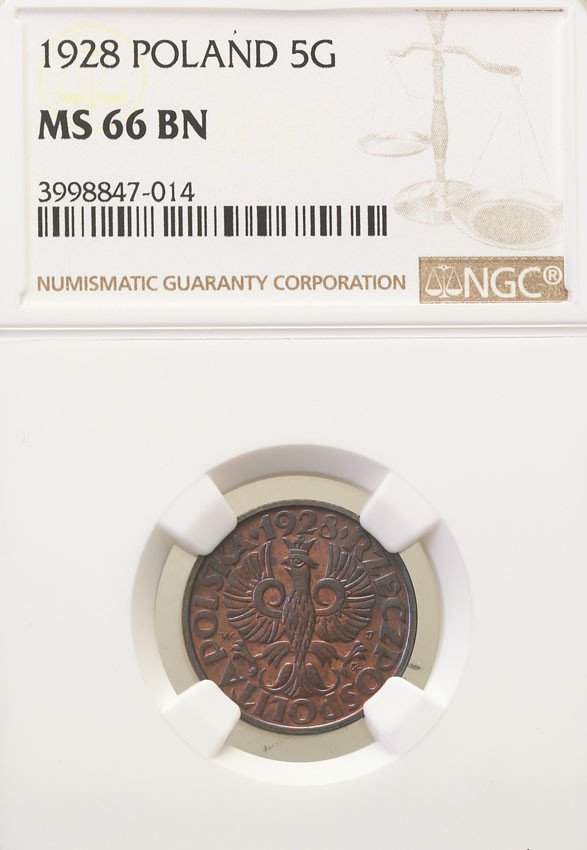 II RP. 5 groszy 1928 NGC MS66 BN (MAX)