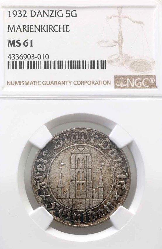 Wolne Miasto Gdańsk / Danzig. 5 guldenów 1932 Kościół NMP, NGC MS61