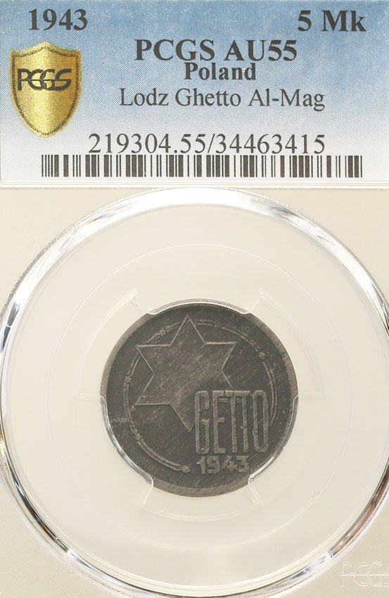 Getto Łódź. 5 marek 1943, magnez PCGS AU55 (MAX)