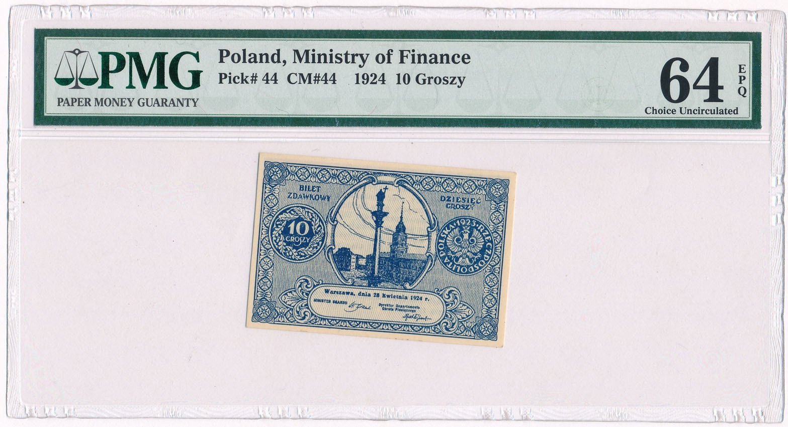 Banknot. Bilet zdawkowy 10 groszy 1924 PMG 64 EPQ