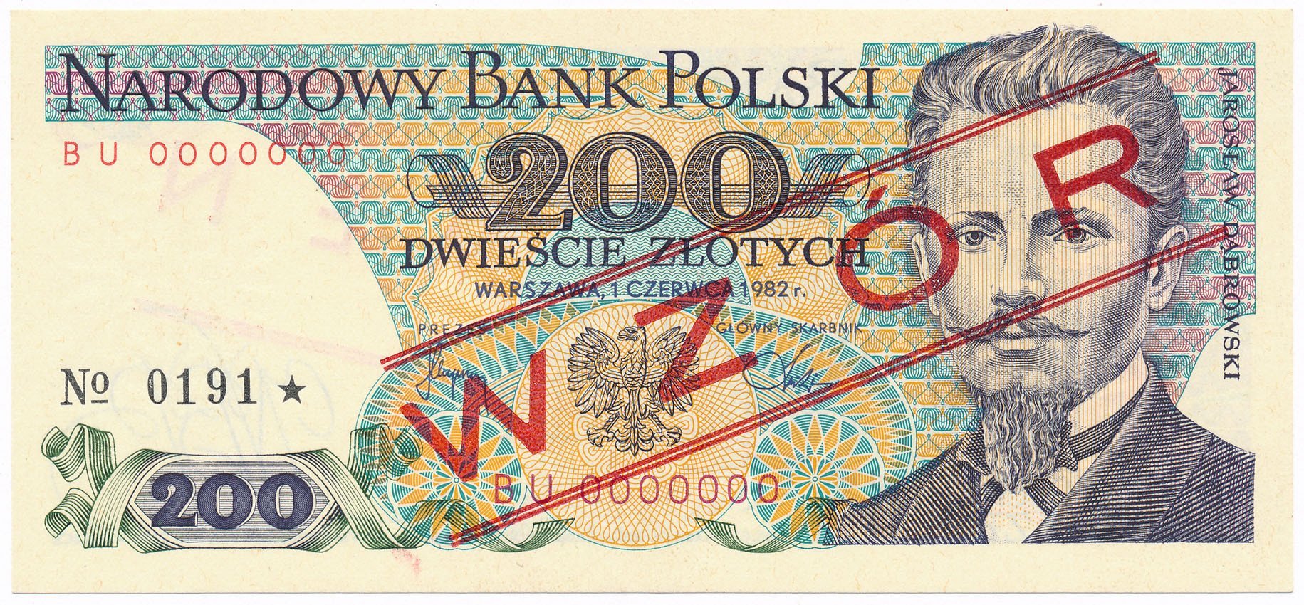 Banknot. PRL 200 złotych 1982 seria BU WZÓR/SPECIMEN