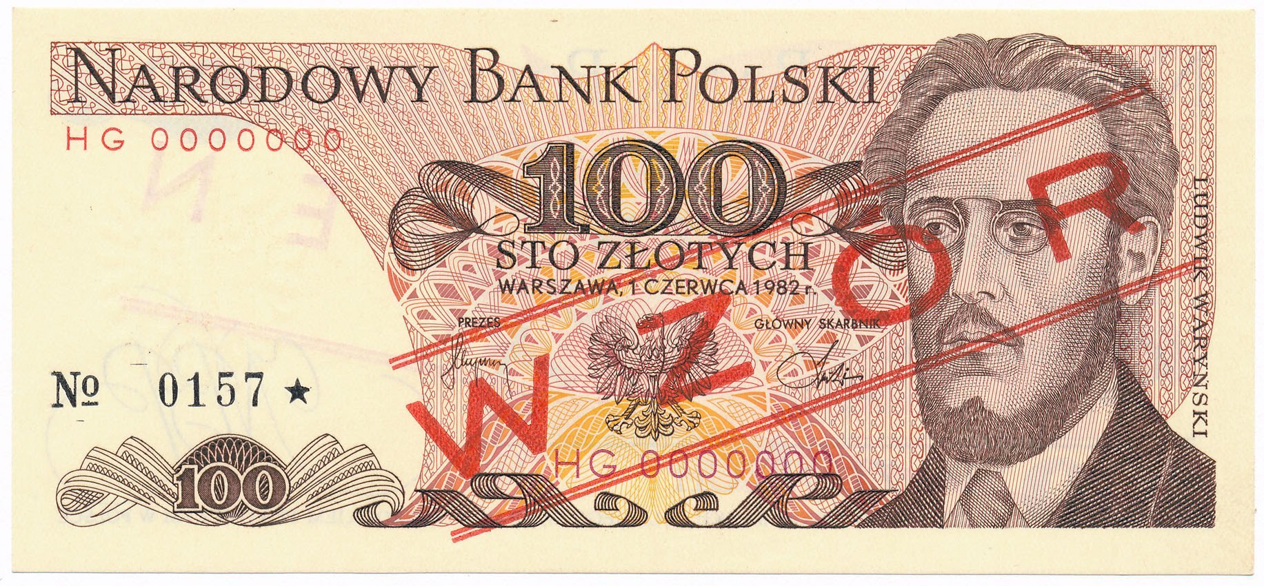 Banknot. PRL 100 złotych 1982 seria HG WZÓR/SPECIMEN