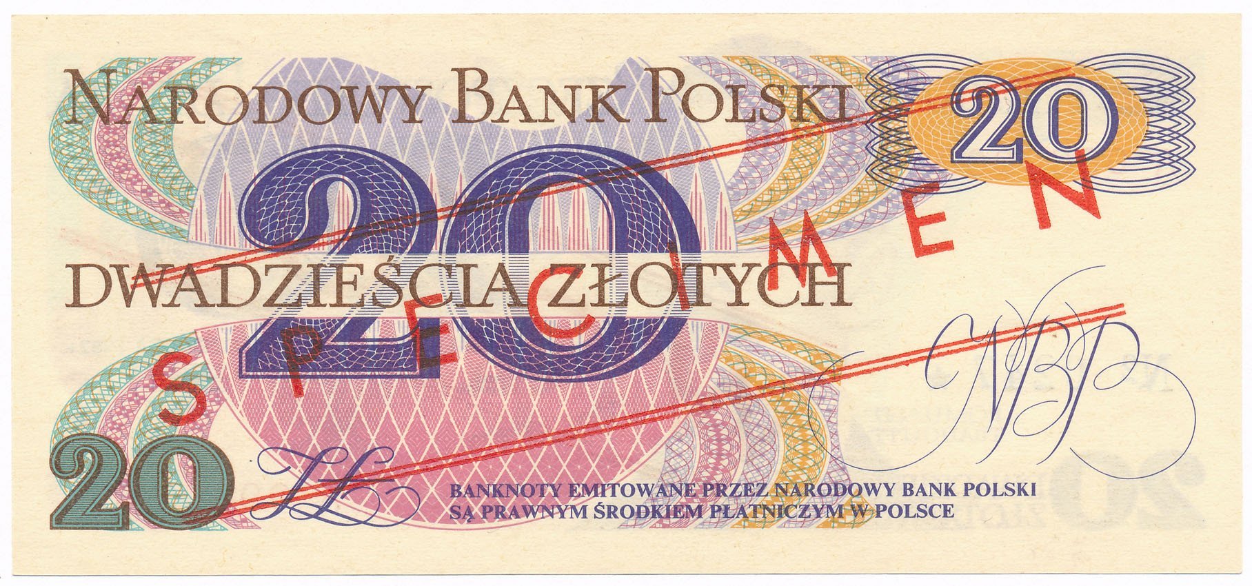 Banknot. 20 złotych 1982 seria A WZÓR/SPECIMEN