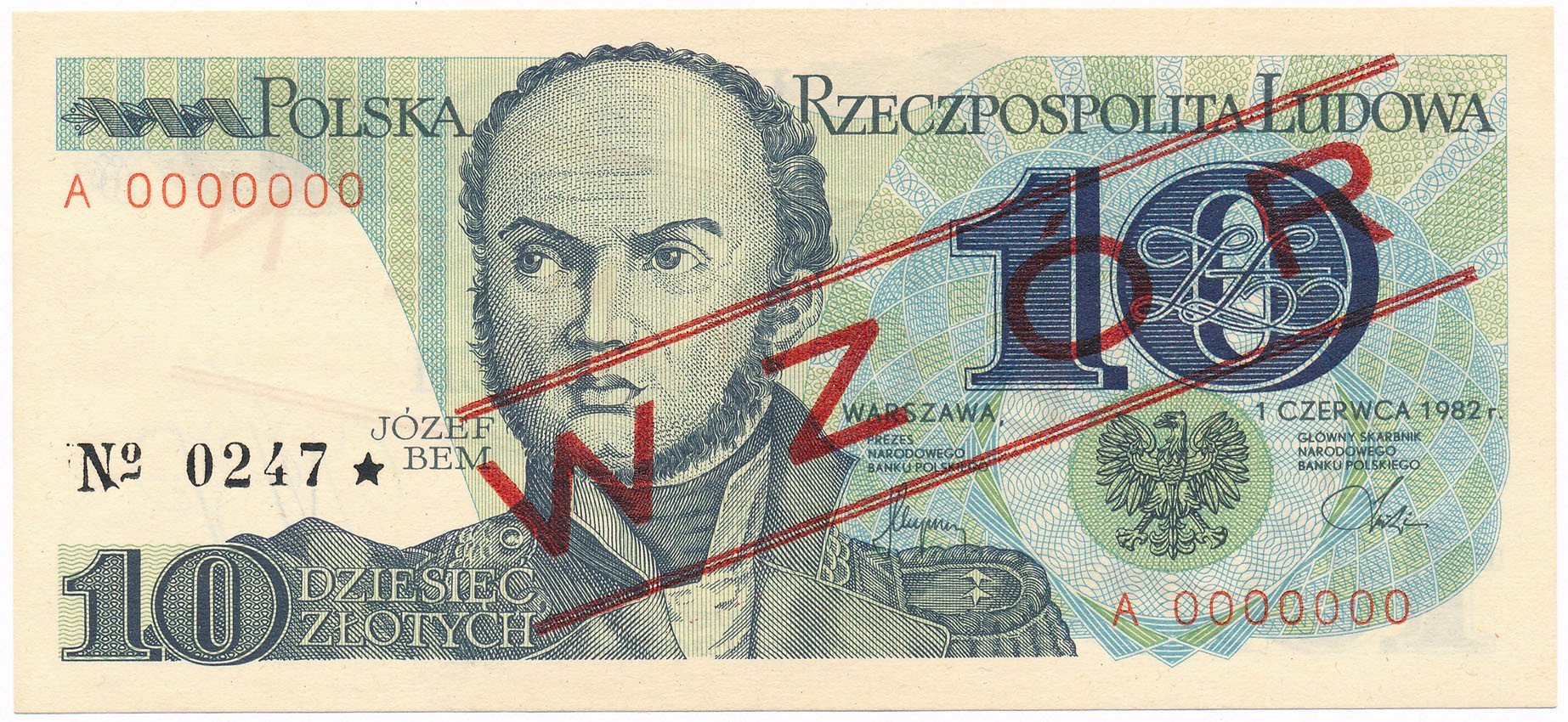 Banknot. PRL 10 złotych 1982 seria A WZÓR/SPECIMEN