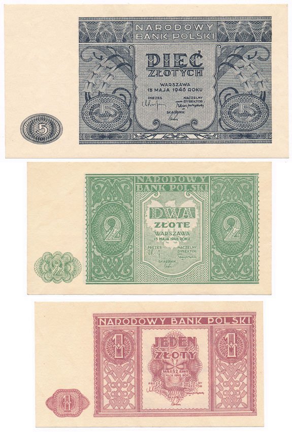 Zestaw trzech banknotów. 1, 2, i 5 złotych 1946