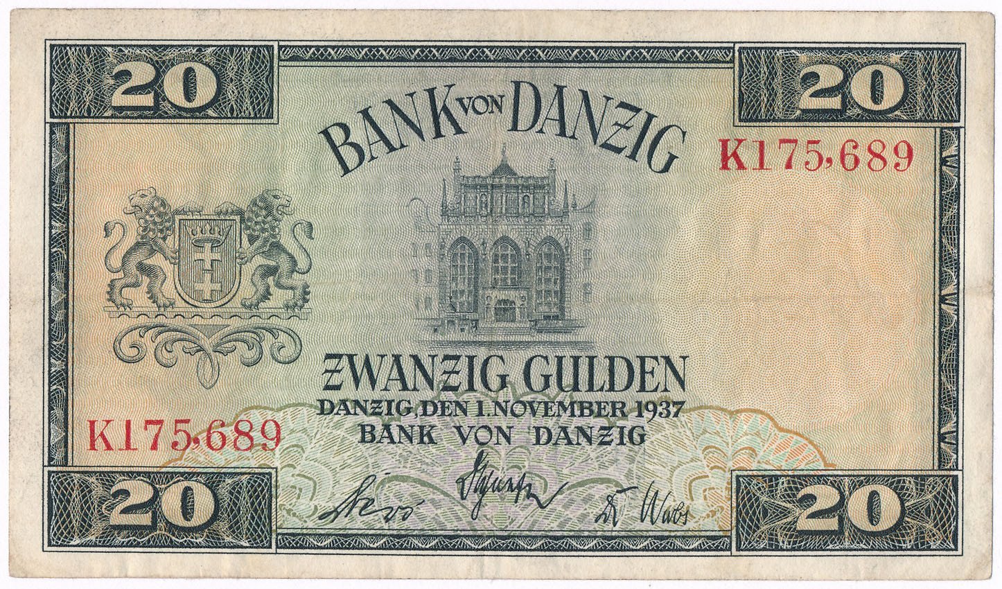 Banknot. Wolne Miasto Gdańsk 20 guldenów 1937
