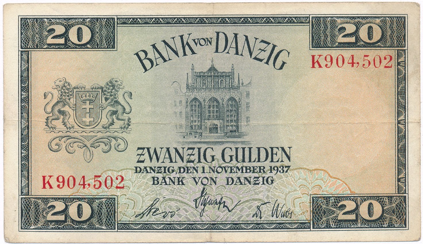 Banknot. Wolne Miasto Gdańsk. 20 guldenów 1937 seria K