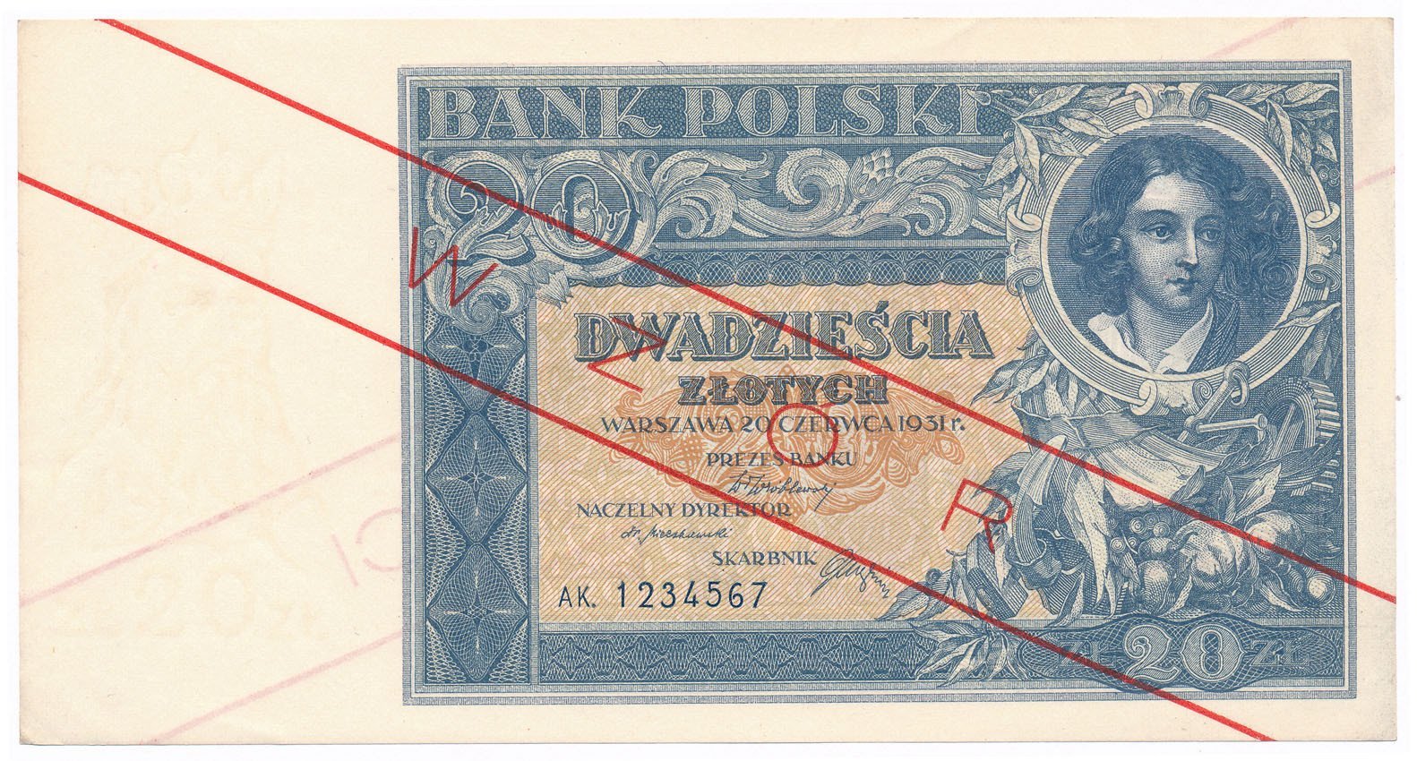 Banknot. WZÓR 20 złotych 20.06.1931 seria AK