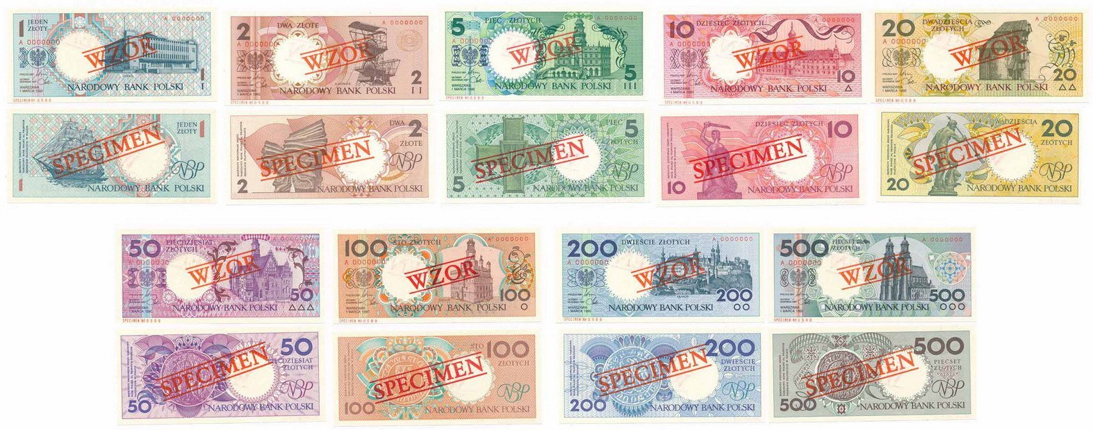 Banknoty. Komplet Miasta Polskie 1-500 złotych 1990 WZÓR/SPECIMEN