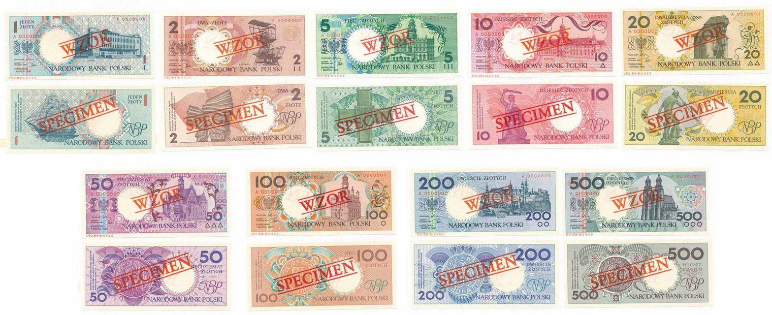 Banknoty. Komplet Miasta Polskie 1-500 złotych 1990 WZÓR/SPECIMEN