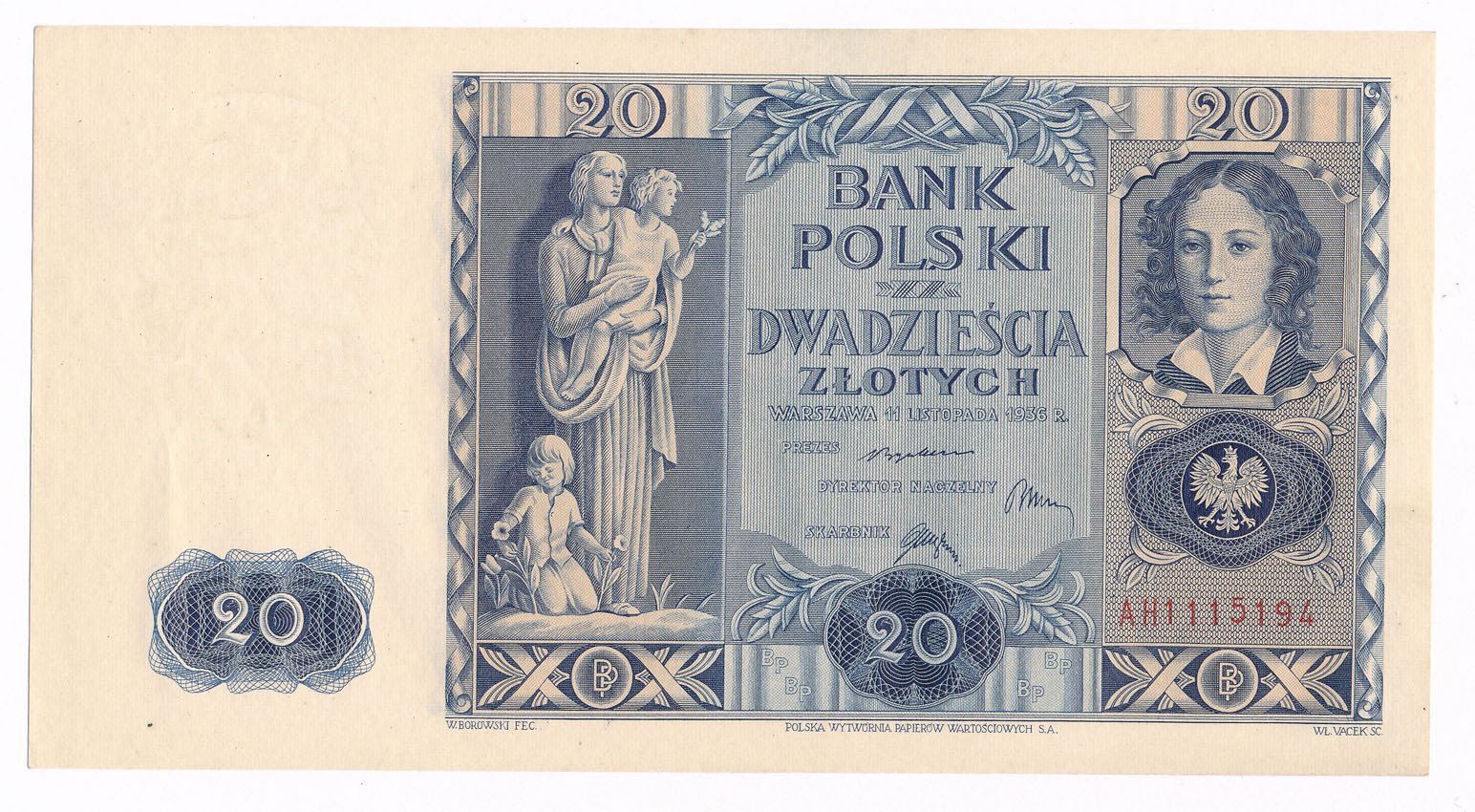Banknot. Polska 20 złotych, 1936 seria AH