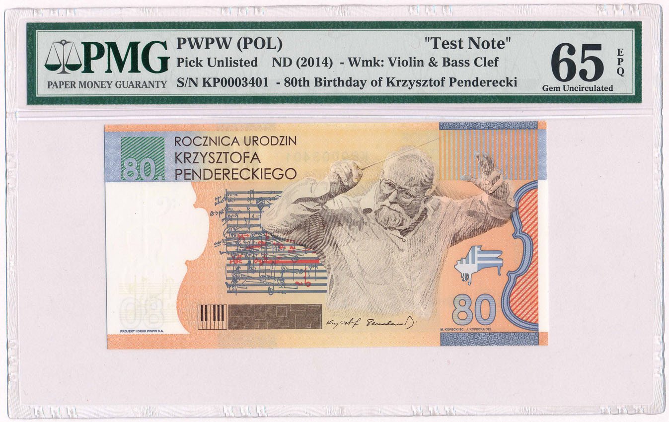 Banknot. PWPW banknot testowy 2014 Penderecki PMG 65  EPQ