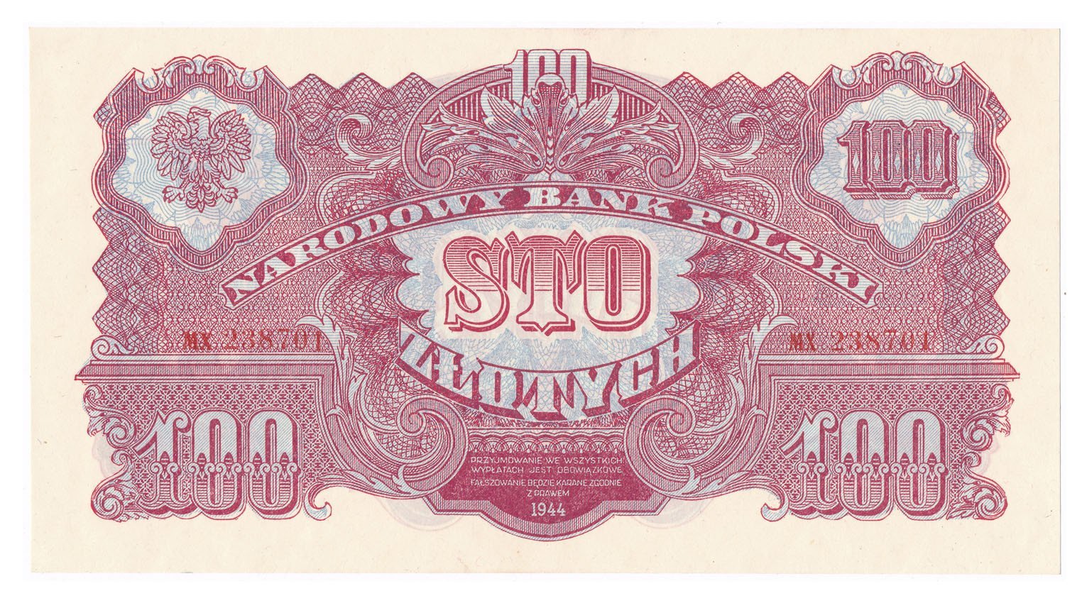 Banknot. Polska powojenna 1944-1952. 100 złotych 1944 ...owe seria MX (R4)