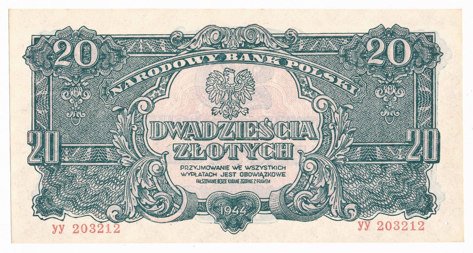 Banknot. Polska powojenna 1944-1952. 20 złotych 1944 ...owe seria YY