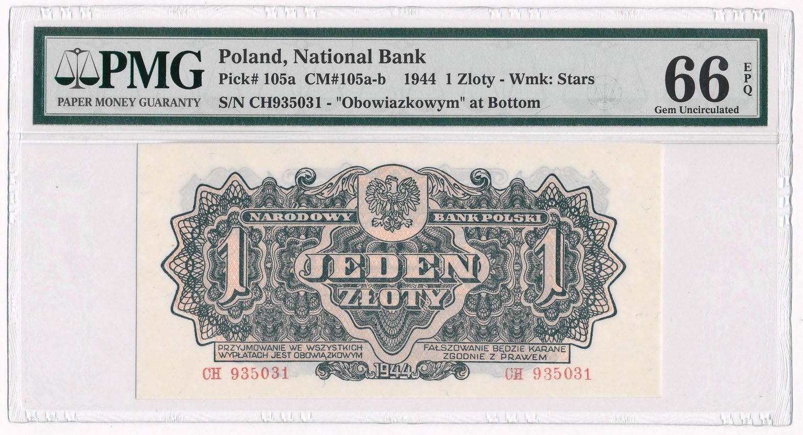 Banknot. Polska powojenna 1944-1952.. 1 złoty 1944 ...owym seria CH PMG 66 EPQ