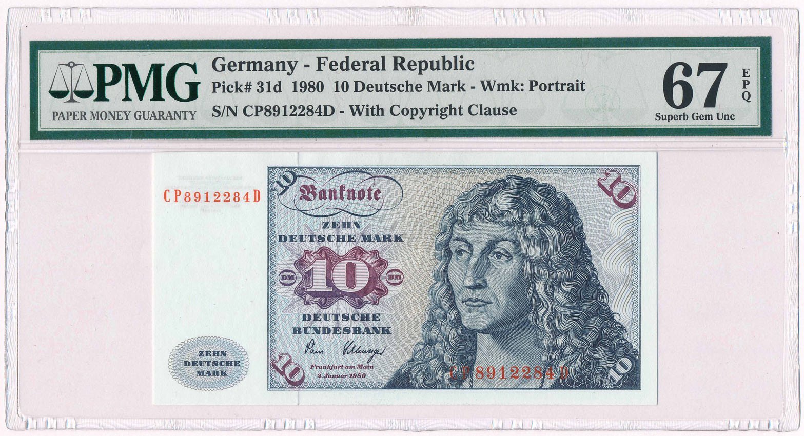 Banknot. Niemcy RFN 10 marek 1980 PMG 67  EPQ