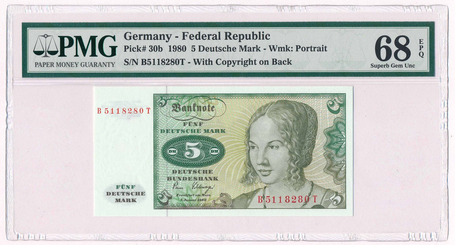 Banknot. Niemcy RFN 5 Marek 1980 PMG 68  EPQ