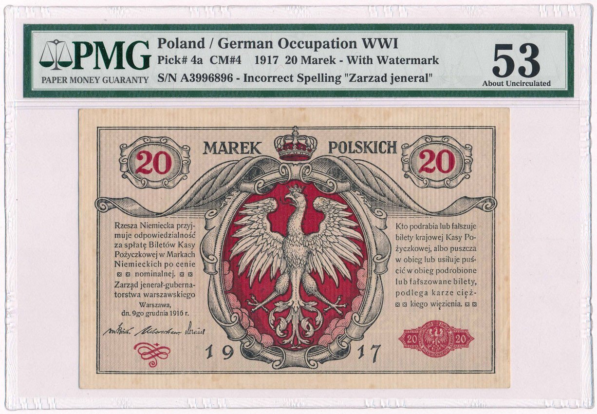 Banknot. Generalne Gubernatorstwo 20 marek polskich 1916 Jenerał PMG 53