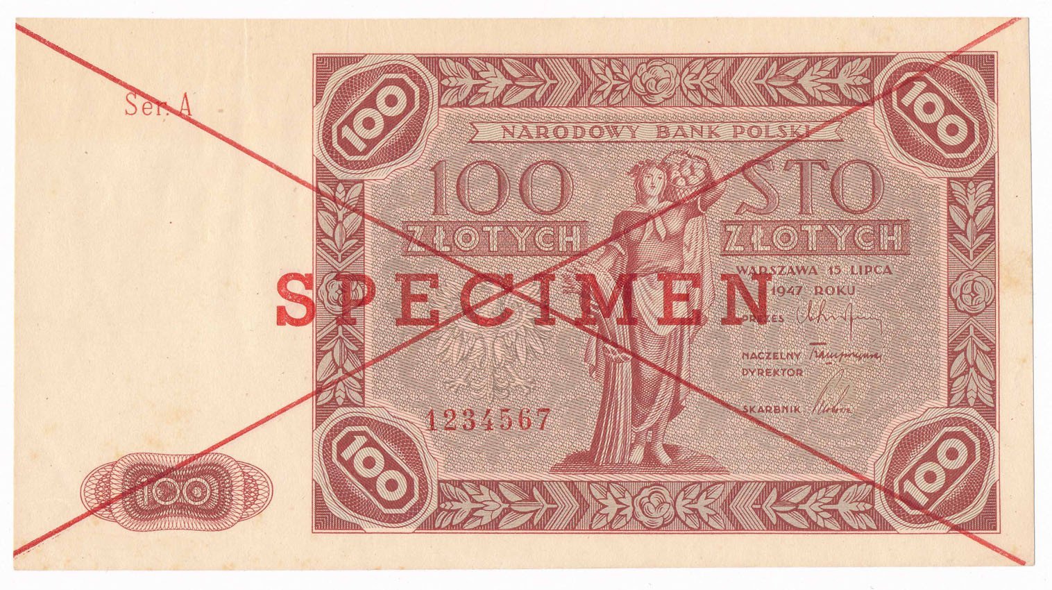 Banknot. Polska WZÓR / SPECIMEN 100 złotych 1947 seria A, RZADKOŚĆ