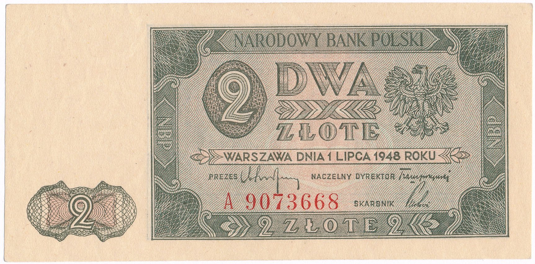 Banknot. Rzeczpospolita Polska 1944-1952. 2 złote 1948 Rzadka jednoliterowa seria A