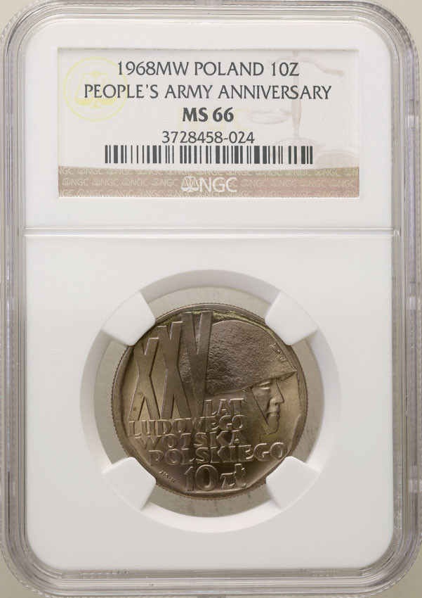 PRL. 10 złotych 1968 XXV lat Ludowego Wojska Polskiego NGC MS66