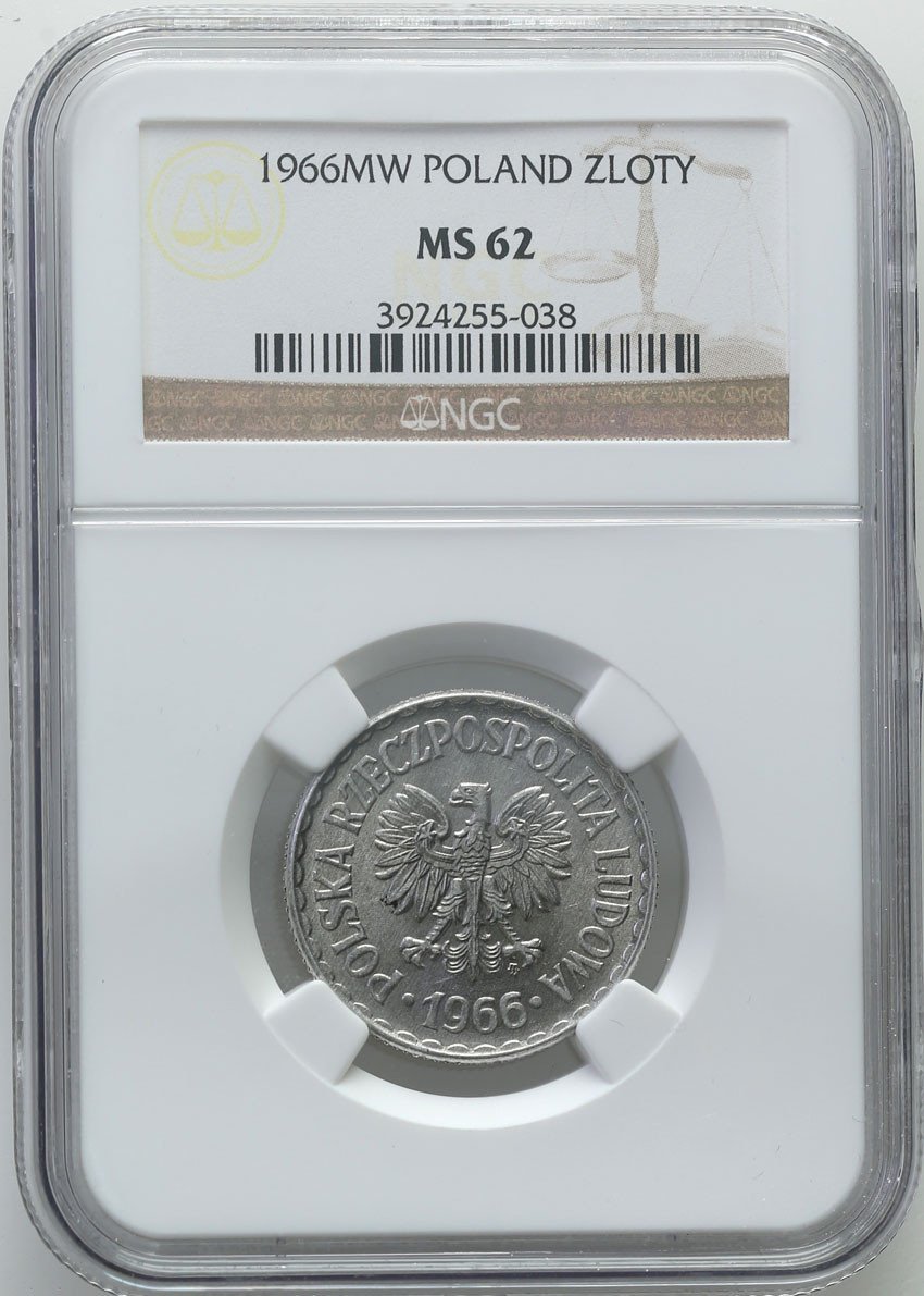 PRL. 1 złoty 1966 aluminium NGC MS62