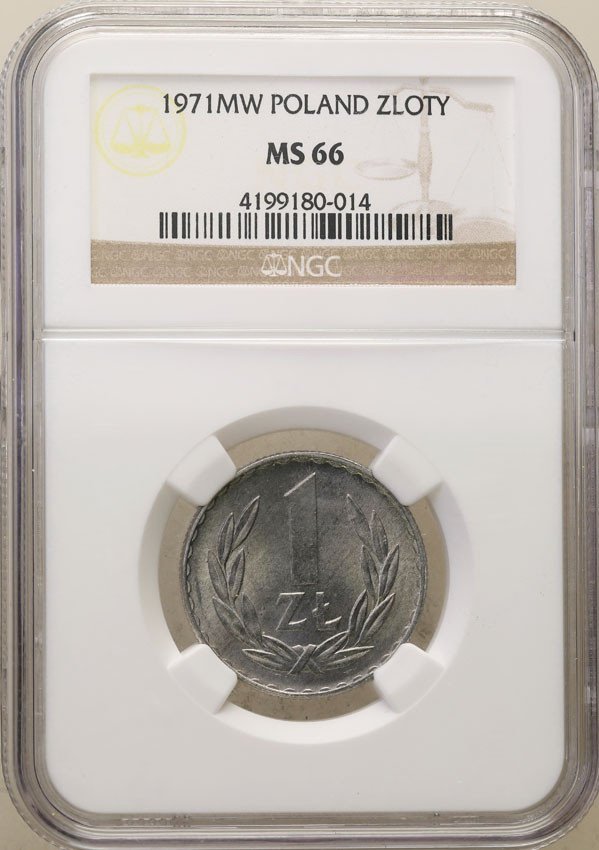 PRL. 1 złoty 1971 aluminium NGC MS66