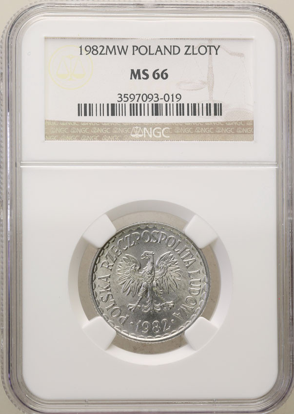 PRL. 1 złoty 1982 aluminium CIENKIE cyfry w dacie NGC MS66