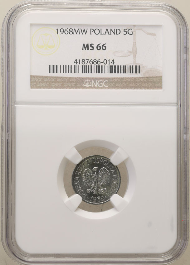 PRL. 5 groszy 1968 aluminium NGC MS66