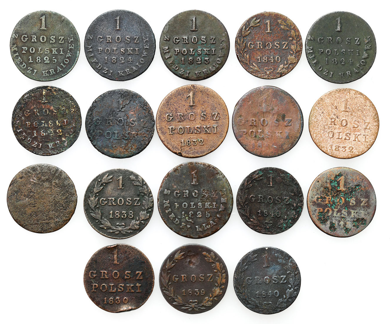 Polska XIX w./Rosja. Grosz z miedzi krajowej 1822-1840, Warszawa, zestaw 18 monet