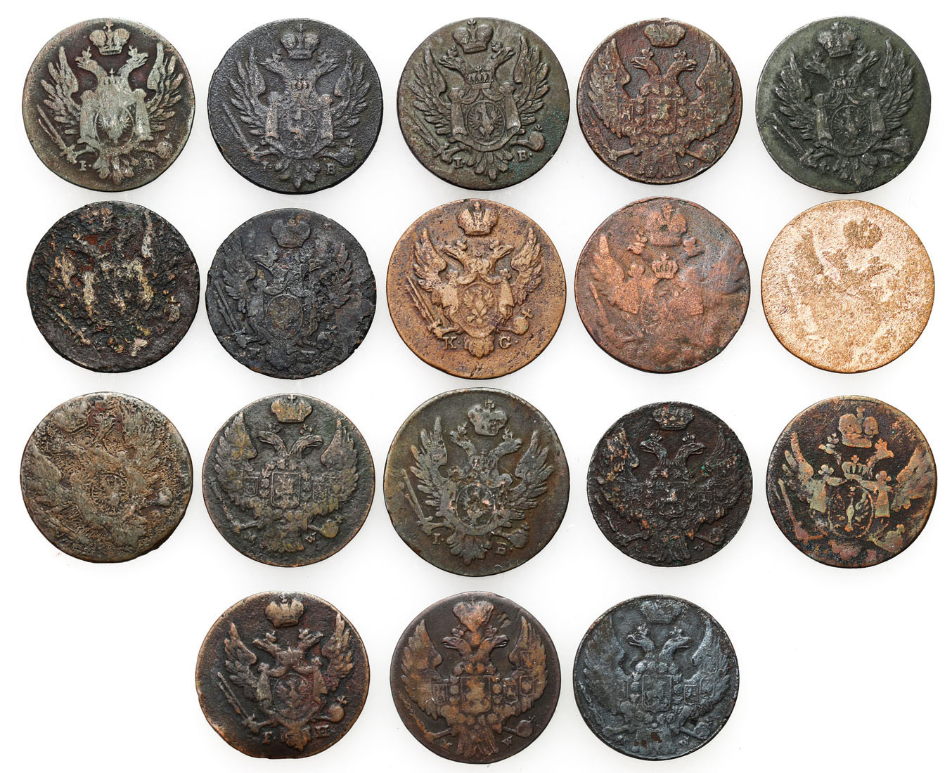 Polska XIX w./Rosja. Grosz z miedzi krajowej 1822-1840, Warszawa, zestaw 18 monet