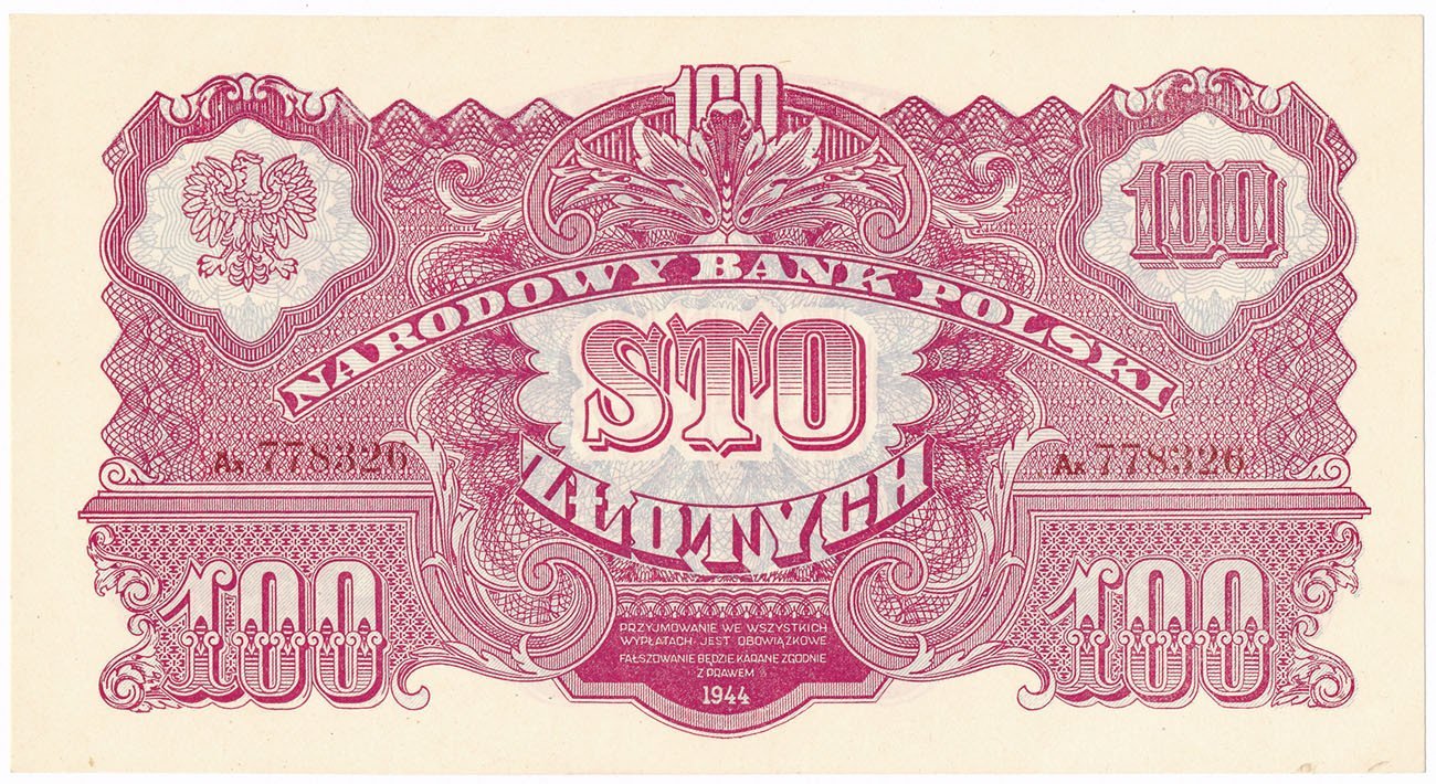 Banknot. 100 złotych 1944 seria Ax "OBOWIĄZKOWYM"