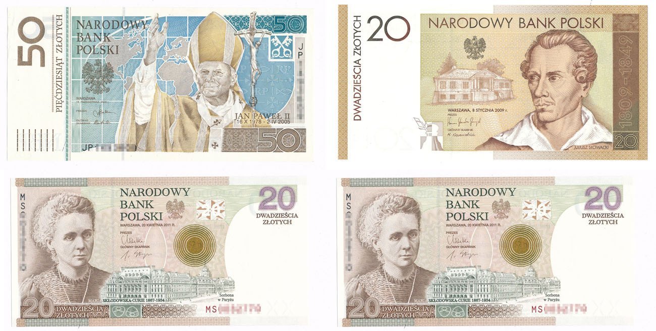 Banknoty. 3 x 20 złotych (Słowacki i 2 szt. Skłodowska) i 50 złotych Jan Paweł II