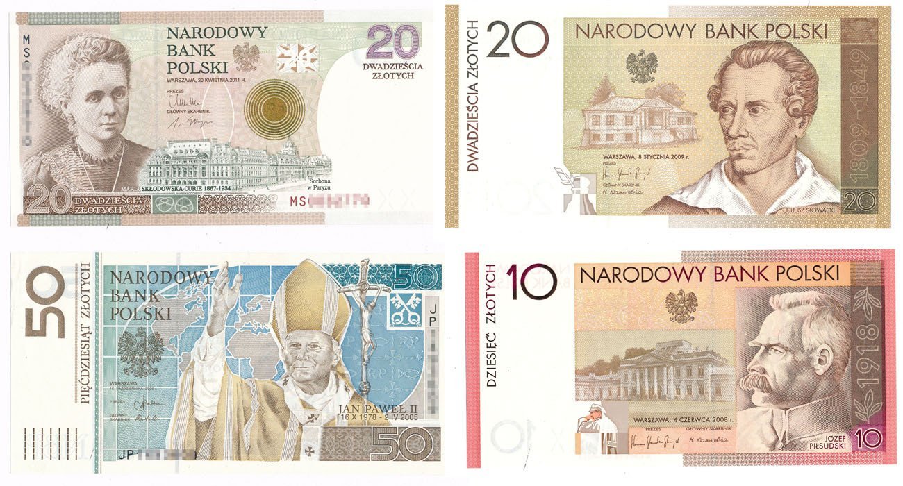 Banknoty. 10 złotych Piłsudski , 20 złotych Skłodowska, 20 złotych Słowacki, 50 złotych Jan Paweł II