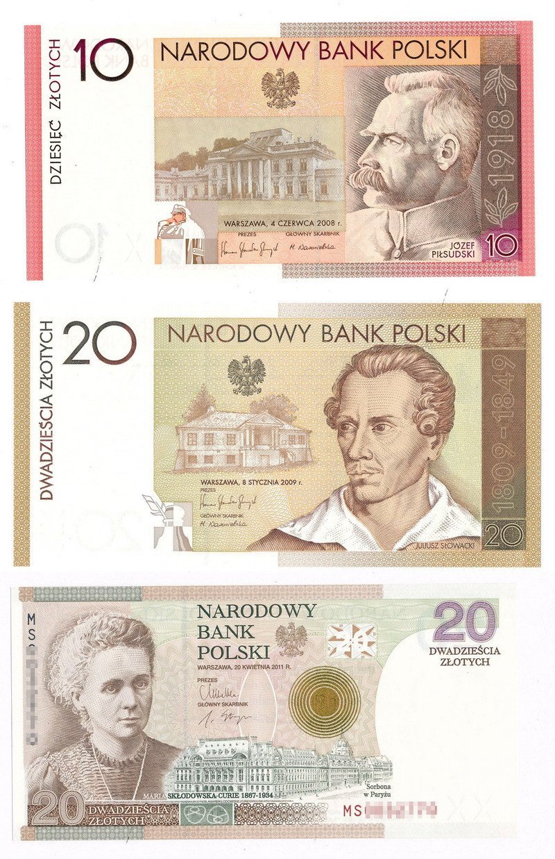Banknoty. 10 złotych Piłsudski , 20 złotych Słowacki, 20 złotych Skłodowska.