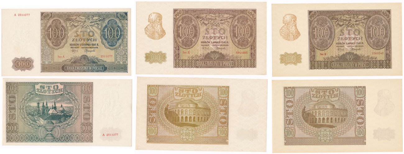 Banknoty. 500 złotych 1940 różne serie -  lot 3 sztuk