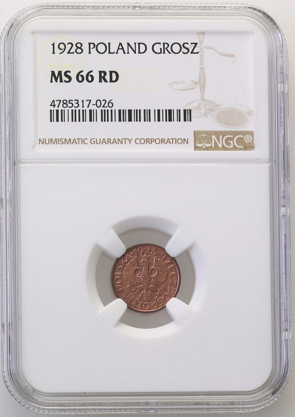 Polska II RP. 1 grosz 1928 NGC MS66 RD (MAX)