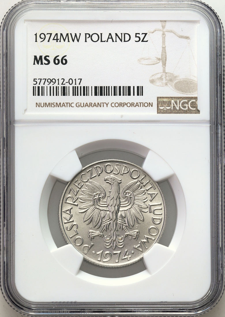 PRL. 5 złotych 1974 Rybak NGC MS66 - PIĘKNE