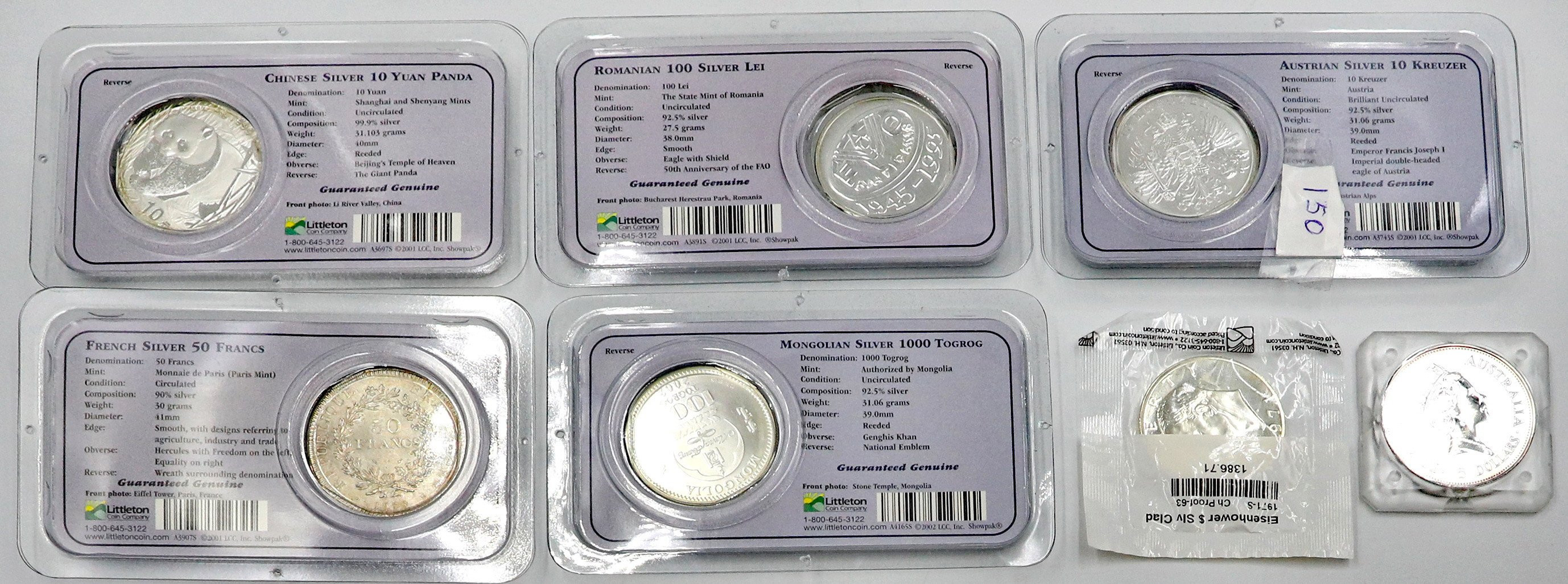  Świat - USA, Chiny, Austria, Francja, Australia, Rumunia, Mongolia – monety srebrne, zestaw 7 sztuk