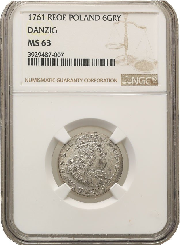 August III Sas. Szóstak (6 groszy) 1761, Gdańsk NGC MS63 (2MAX)