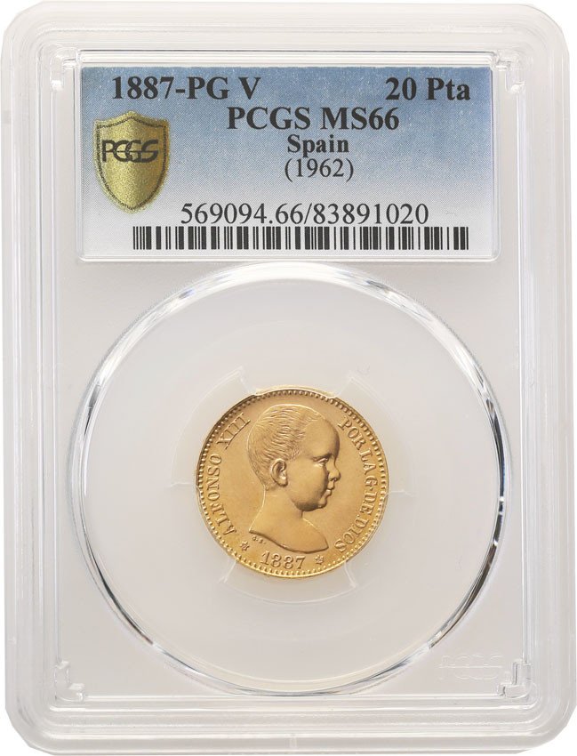 Hiszpania. 20 Pesetas 1887 - PG V nowe bicie (1962 r.) PCGS MS66 (2 MAX)