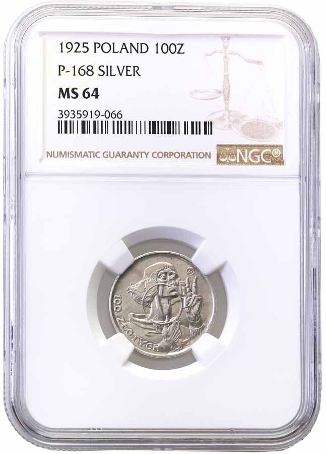 II RP. PRÓBA bez napisu, srebro 100 złotych 1925, Kopernik mały NGC MS64 (MAX)